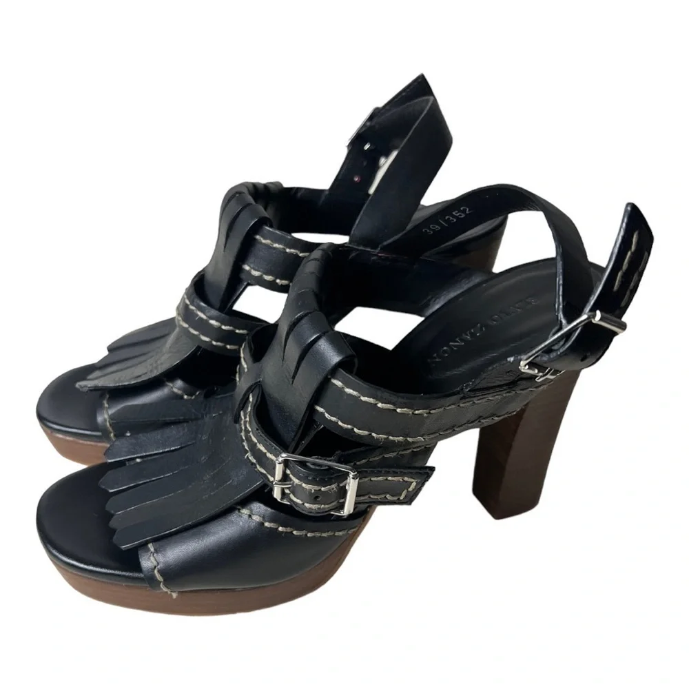 Elvio Zanon Black Leather Fringe Style Heel Platform Sandals Size 39 (US 8.5)